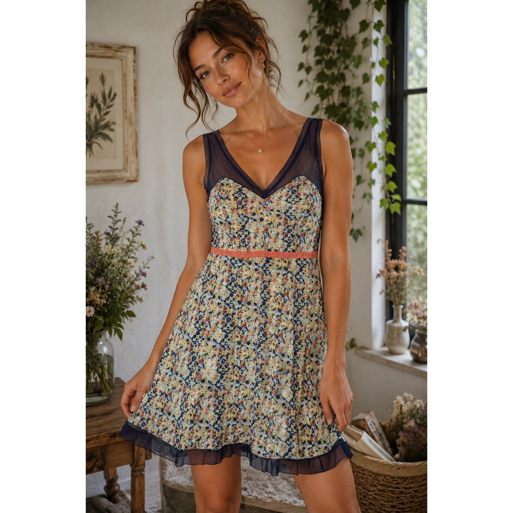 Anthropologie Staring‎ at Stars Floral Mesh Dress Boho Cottagecore Size 4